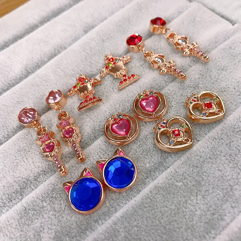 S925 Needle Japanese Anime Star Moon Stud Earrings Hollow Heart Shaped Sailor Moon Luna Cat Earrings Jewelry for Women Cospaly