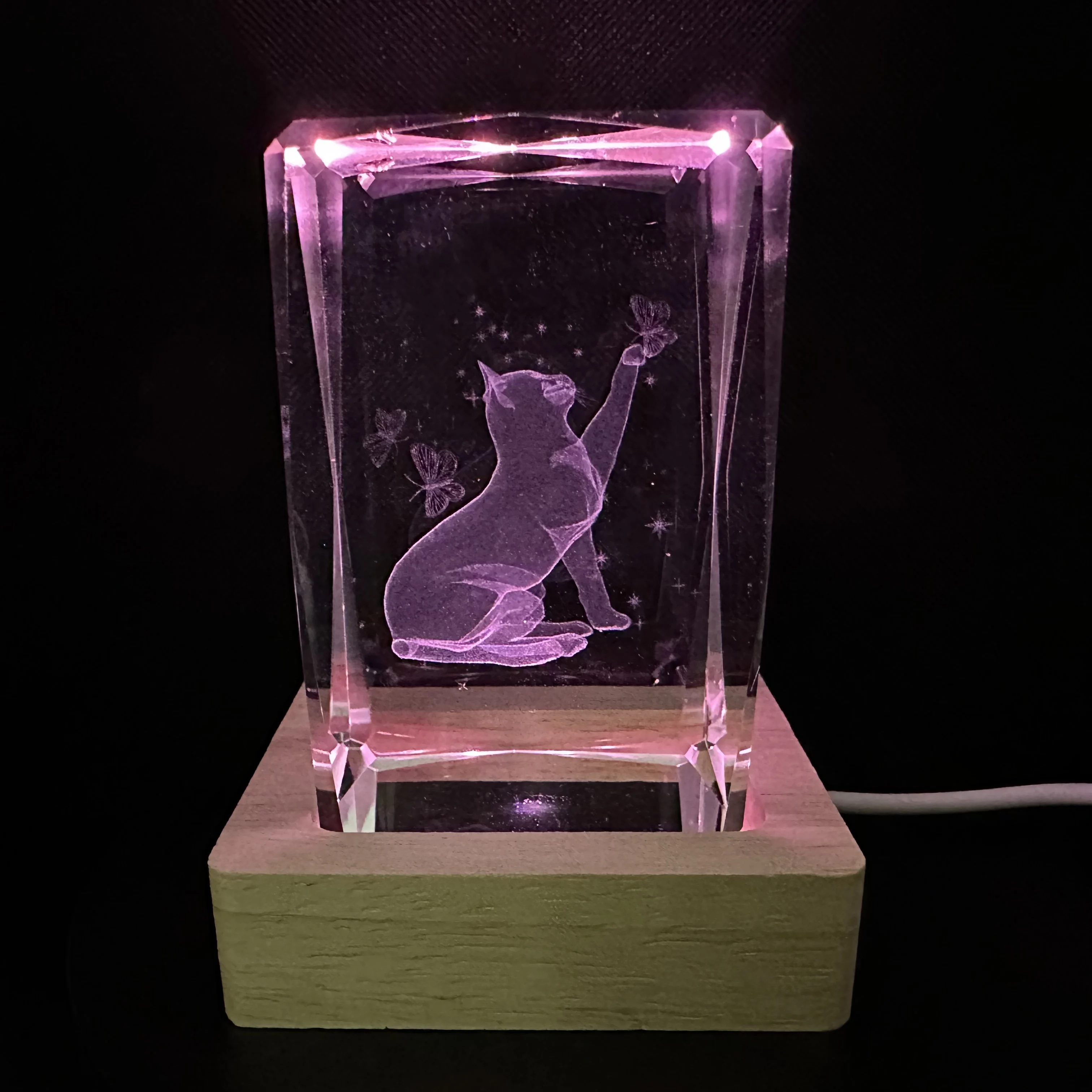 Cat Scratch Butterfly Gift Crystal LED Night Light Strip Base, Glass Decorative Gift, Suitable for Bedroom, Living Room, Birthda