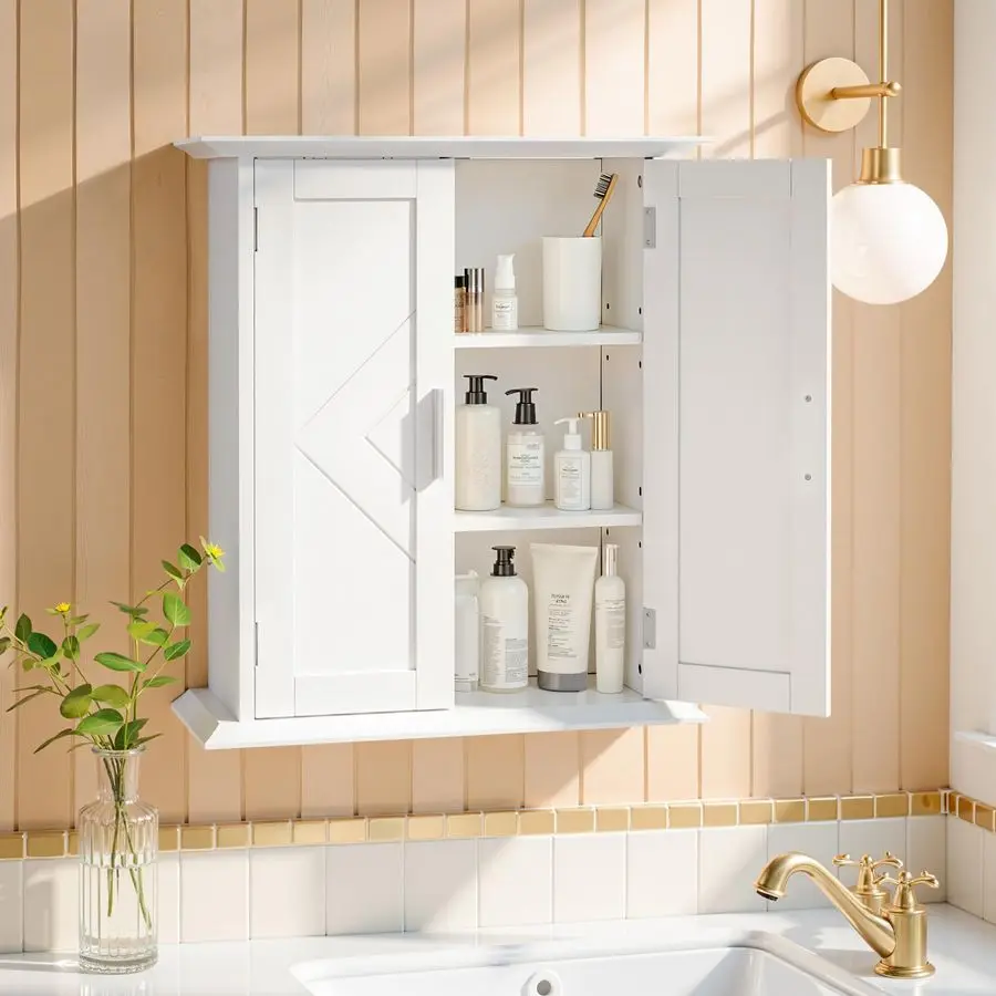 

Bathroom Wall Mounted Medicine Cabinet, Over The Toilet Storage with Adjustable Shelf and 2 Doors, Space Saving Cupboard for Ki