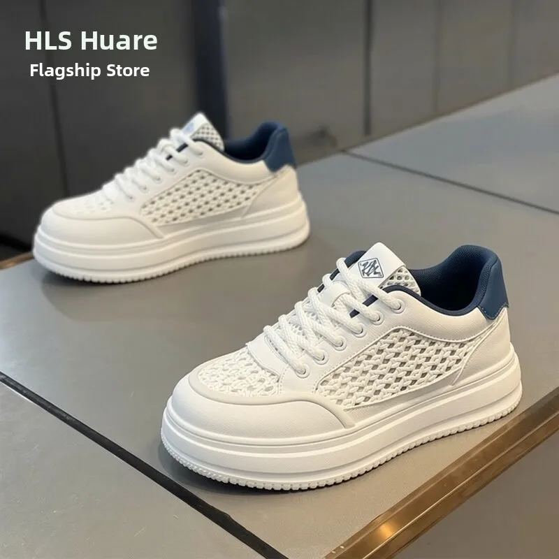

Men's Summer Breathable Mesh Hollow out Casual Shoes Versatile Thick Bottom Heightening White Trendy Shoes Korean Style round...