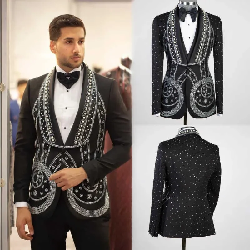 Amazing Groom Wedding Tuxedos Crystal Sequins One Button Shawl Lapel Men 2 Pieces Jacket Pants Business Banquet Party Customized