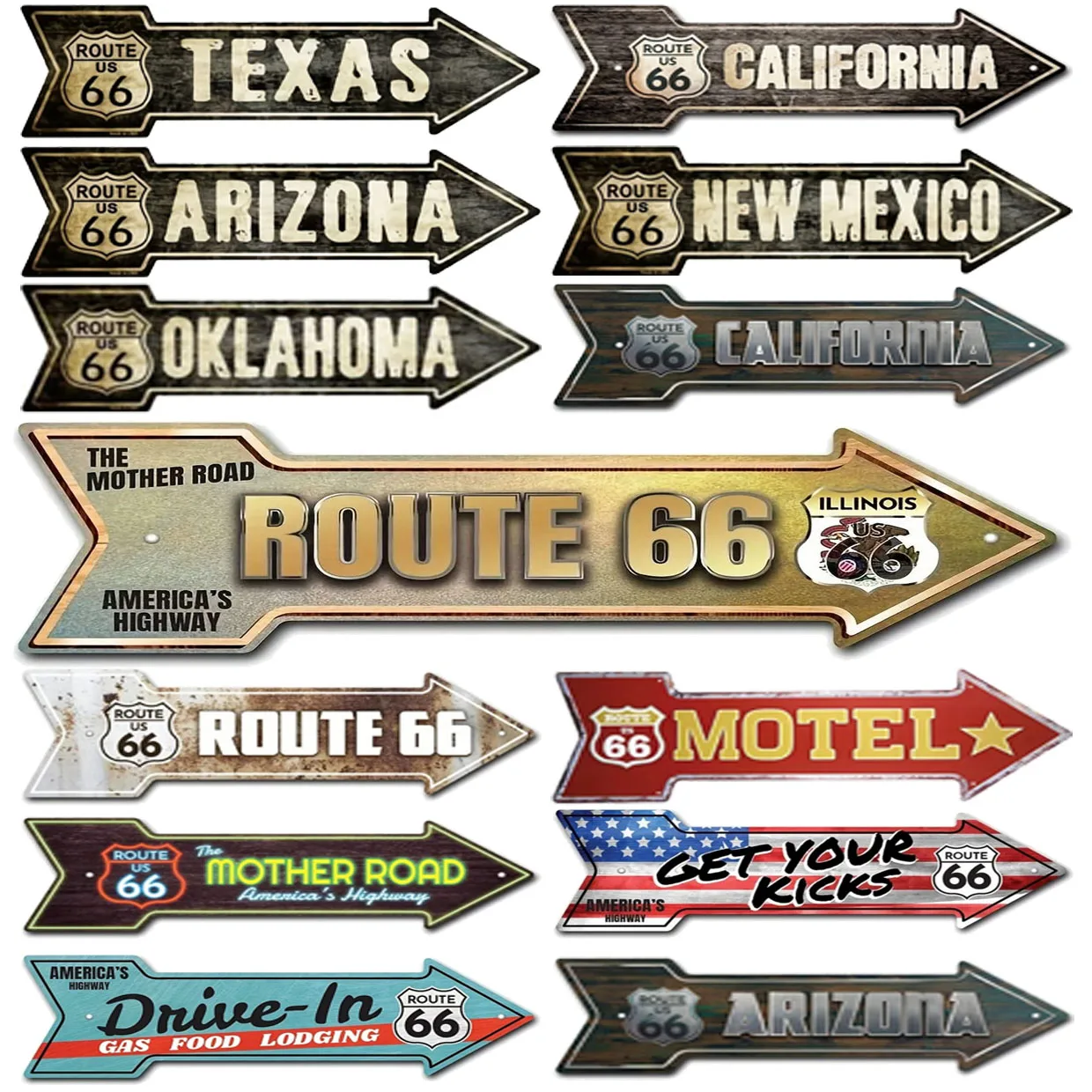 Retro Metal Tin Signs Route Ameerican States Arrow Street Signs Amusement Park Scenic Retro Road Signs Country Retro Decorative