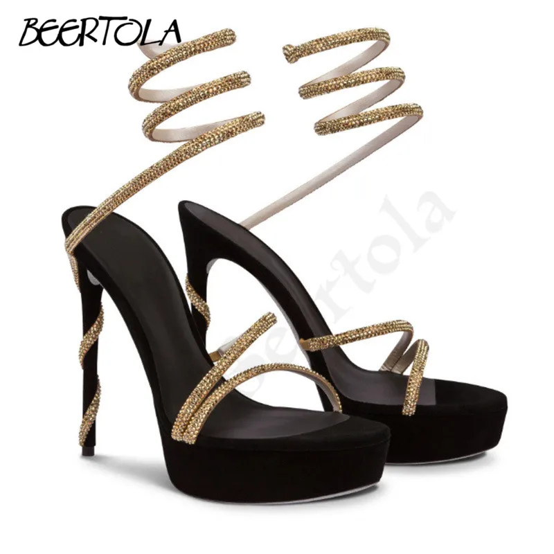 Women's Rhinestone Wrapped Sandals Round Head Platform Stiletto Sandals Snake-Shaped Wrapped Large Size Temperament Shoes