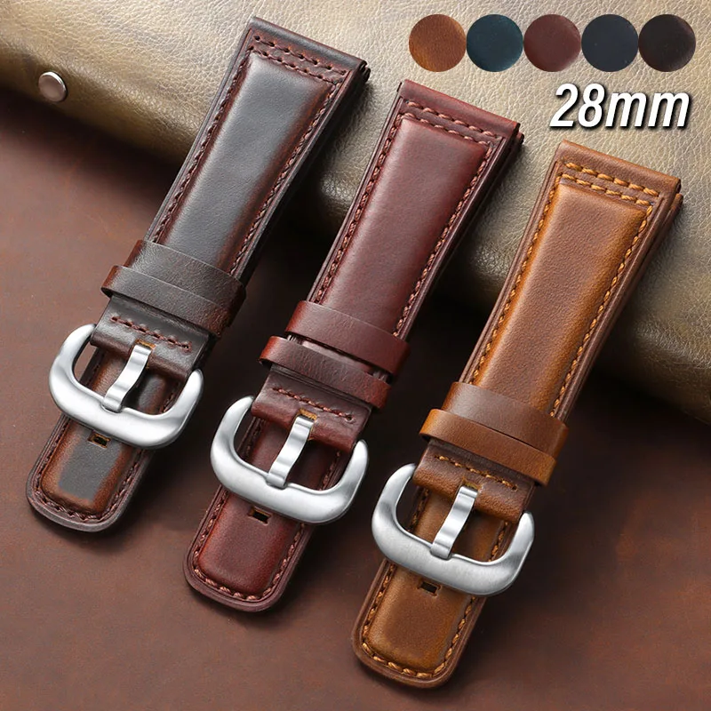 28mm Thick Leather Watch Strap Vintage Cowhide Band Retro Oil Wax Calfskin Bracelet Casual Replacement Wristband for Men Woman