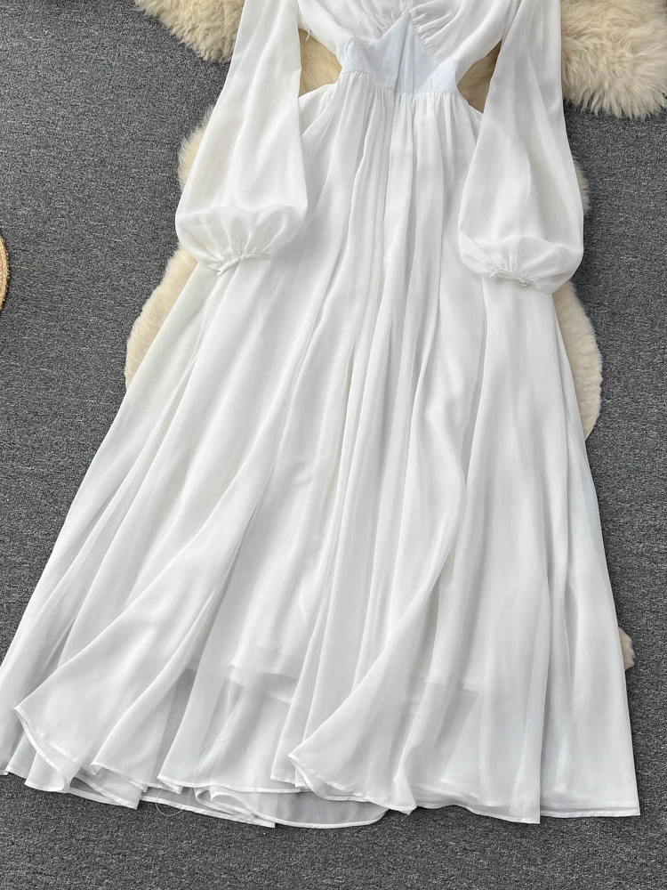 Vestido de malla blanco para mujer, traje largo transparente de manga larga con cuello en V, elegante, para fiesta, primavera y verano