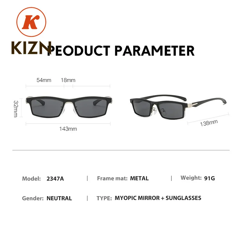 KIZN Sports Half Frame Polarized Myopia Sunglasses 6 In1 Alloy Men Women Magnetic Clip Glasses Optical Prescription Eyewear-0.5