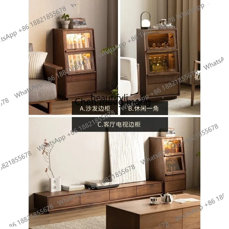 SS أمريكا الشمالية الجوز الأسود تلفزيون خزانة جانبية غرفة المعيشة أثاث من الخشب الصلب حامل خزانة باب زجاجي الوجه خزانة 3001 #3