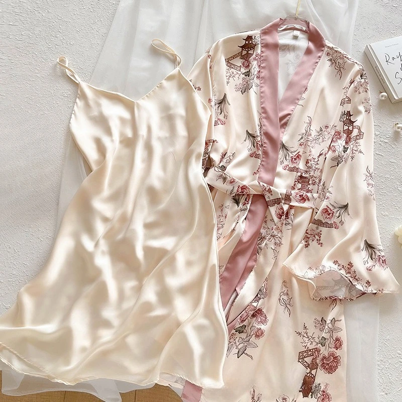 

Летний женский халат из 2 предметов, ночная рубашка, комплект с цветочным принтом, кружевное кимоно, халат, костюм, одежда для сна, атласное домашнее платье, ночная рубашка, домашняя одежда