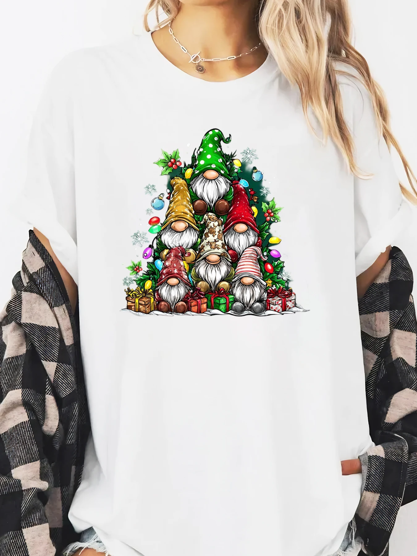 Christmas Gnomes Tree Print Holiday T-shirt Women Casual Winter Festive Wear White Plus-size