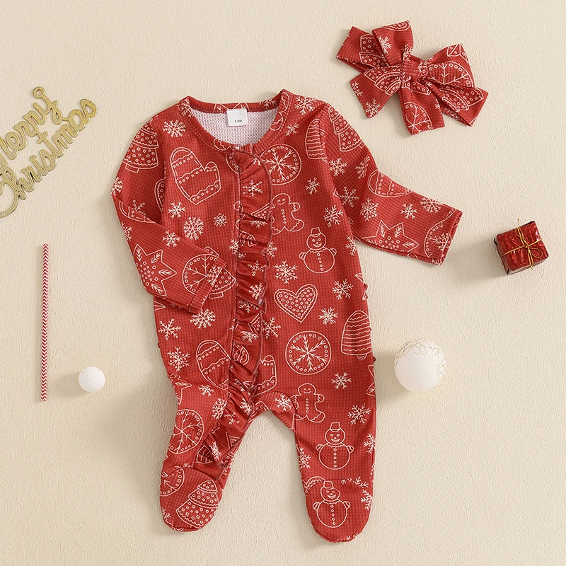 Baby Girls Christmas Footies Long Sleeve Gingerbread Man Snowman/Candy Cane Print Romper with Headband