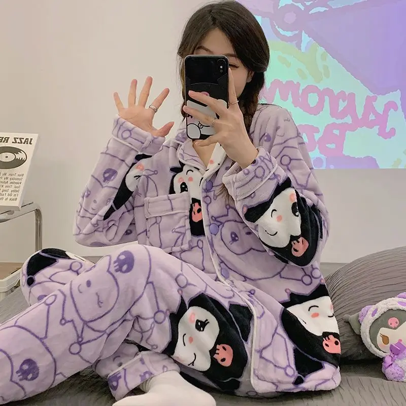 Anime Kuromi Pajamas Women Flannel Lapel Cardigan Long Sleeve Pant Two Piece Cute Hello Kittys Cartoon Thicken Home Clothes Suit