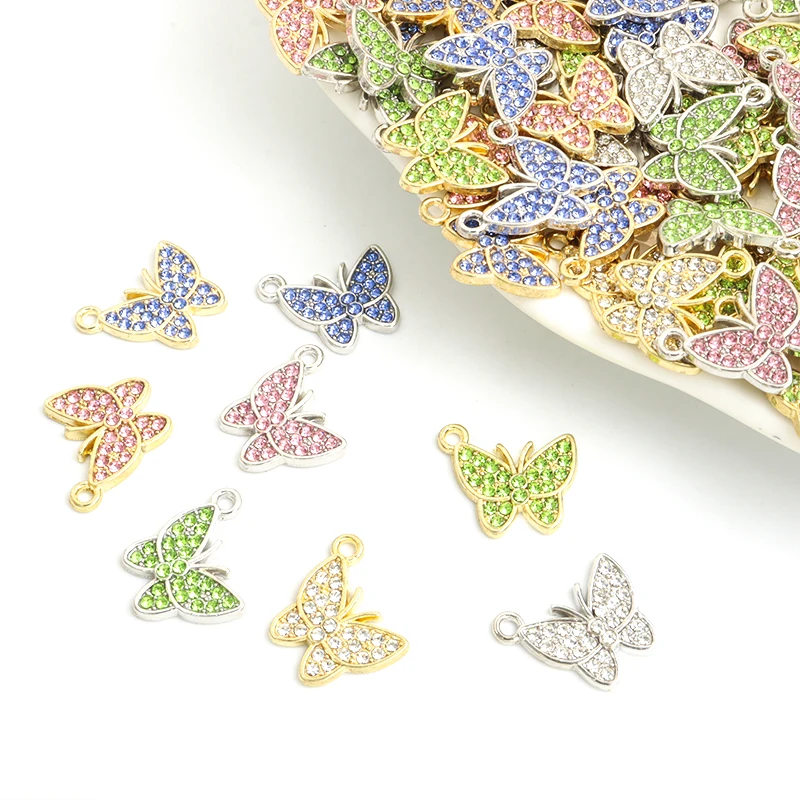 10pcs Simple Colourful Rhinestones Inlaid Butterfly Charms Trendy Jewelry Findings DIY Necklace Bracelet Earrings Alloy Pendants