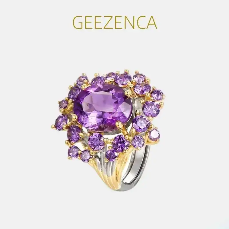 GEEZENCA Natural Amethyst 925 Sterling Silver Flower Adjustable Rings For Women Clearance Limited Stock First Come First Get