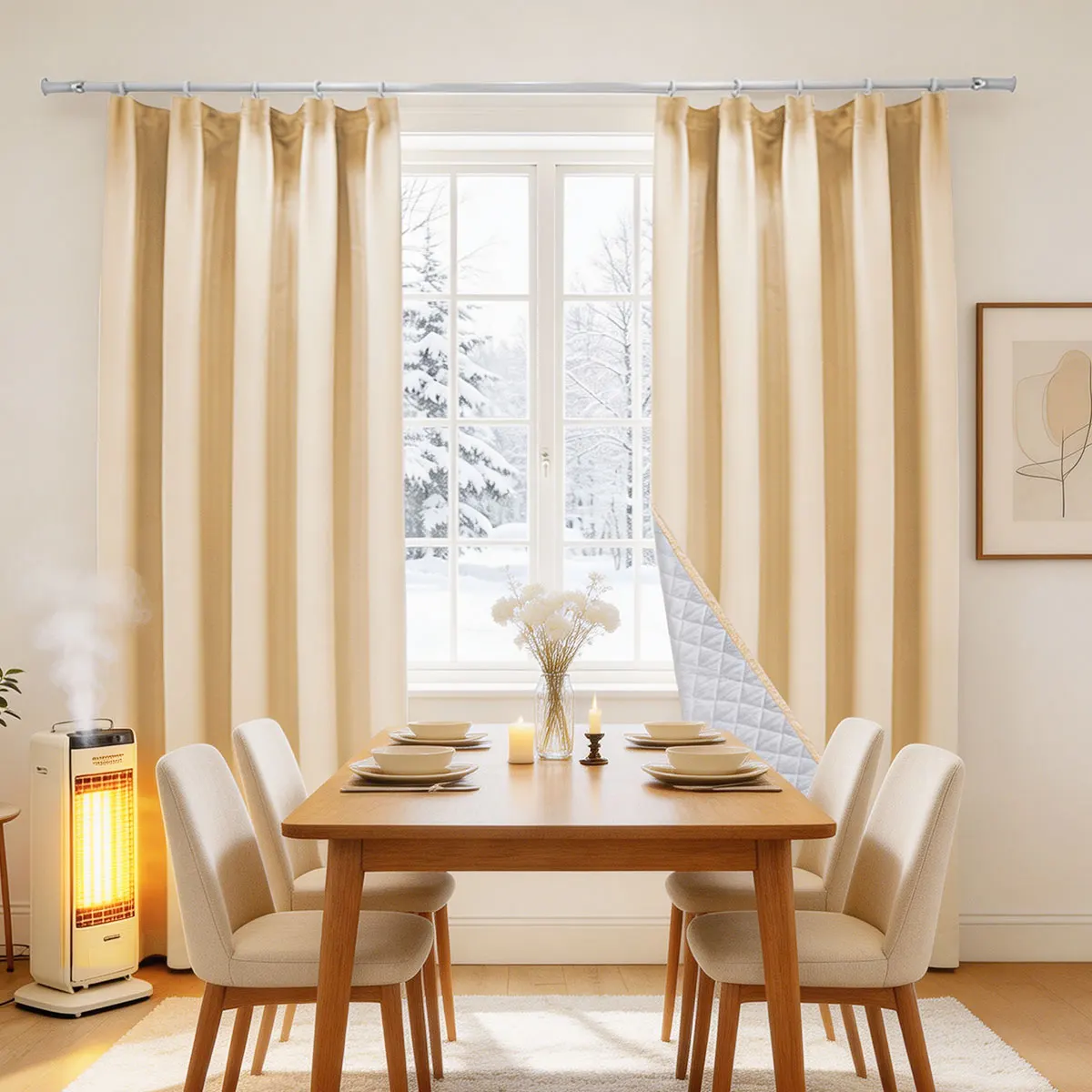 Cream Beige Thermal Quilted Door Curtain 2 Panels, 4-Prong Hook Full Blackout Heat Insulated Window Door Drapes