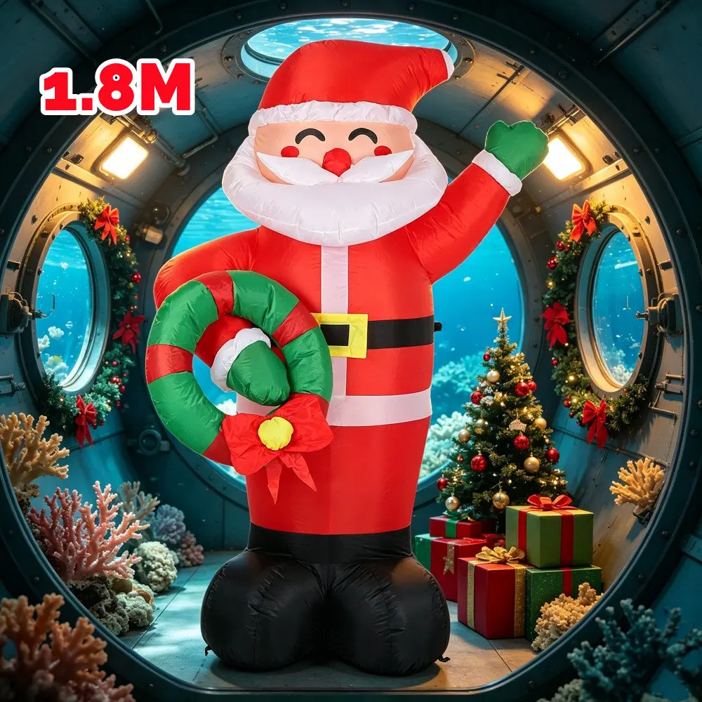 Christmas Inflatable 1.8M Waving Santa Claus Hand-held Flower Wreath Built LED Light Indoor Outdoor Square Corridor Decoration