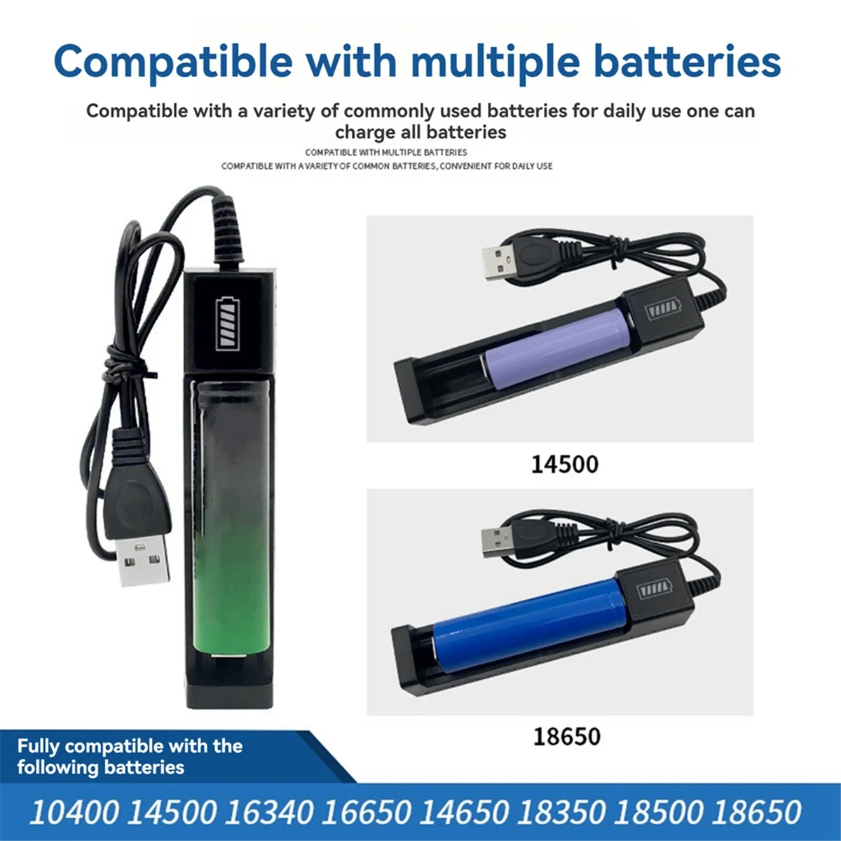 QA88X 2Pcs 18650 Battery Charger USB Single-Slot Universal Charger with Slide Design for Rechargeable Lithium Batteries