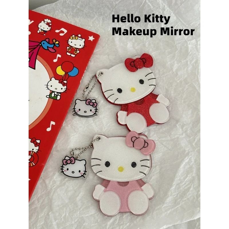 Portable Kawaii Saniro Hello Kitty Makeup Mirror Keychain Sliding Cover Mirror DIY Mobile Phone Case Decoration