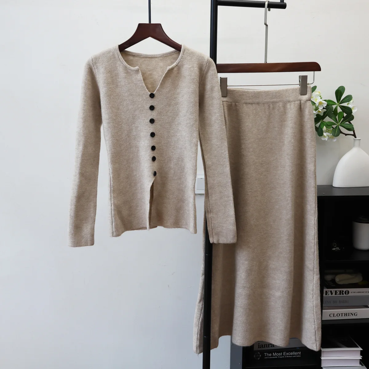 

Women Two Piece Sets Skirt Set V Neck Full Sleeve Tops Knit Long Skirts A Line High Waist Y2k Streetwear Elegant Work Autumn