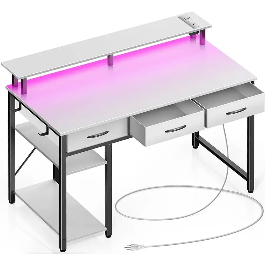 

Computer Desk with Power Outlets amp LED Light, 39 inch Home Office Desk with 3 Drawers and Storage Shelves, Writing Desk with