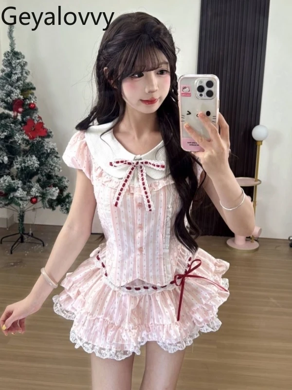 

Summer New Sweet and Gentle Striped Polka Dot Doll Collar Design Tops Women's High Waist Short Cake Skirt Two-piece Set