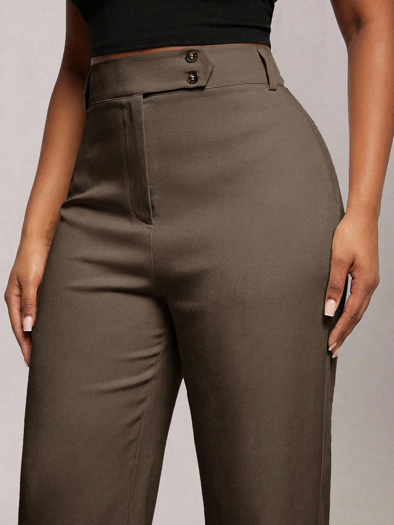 Radiana Women High Waist Relaxed Fit Wide Leg Elegant Pants With Button Detail Brown