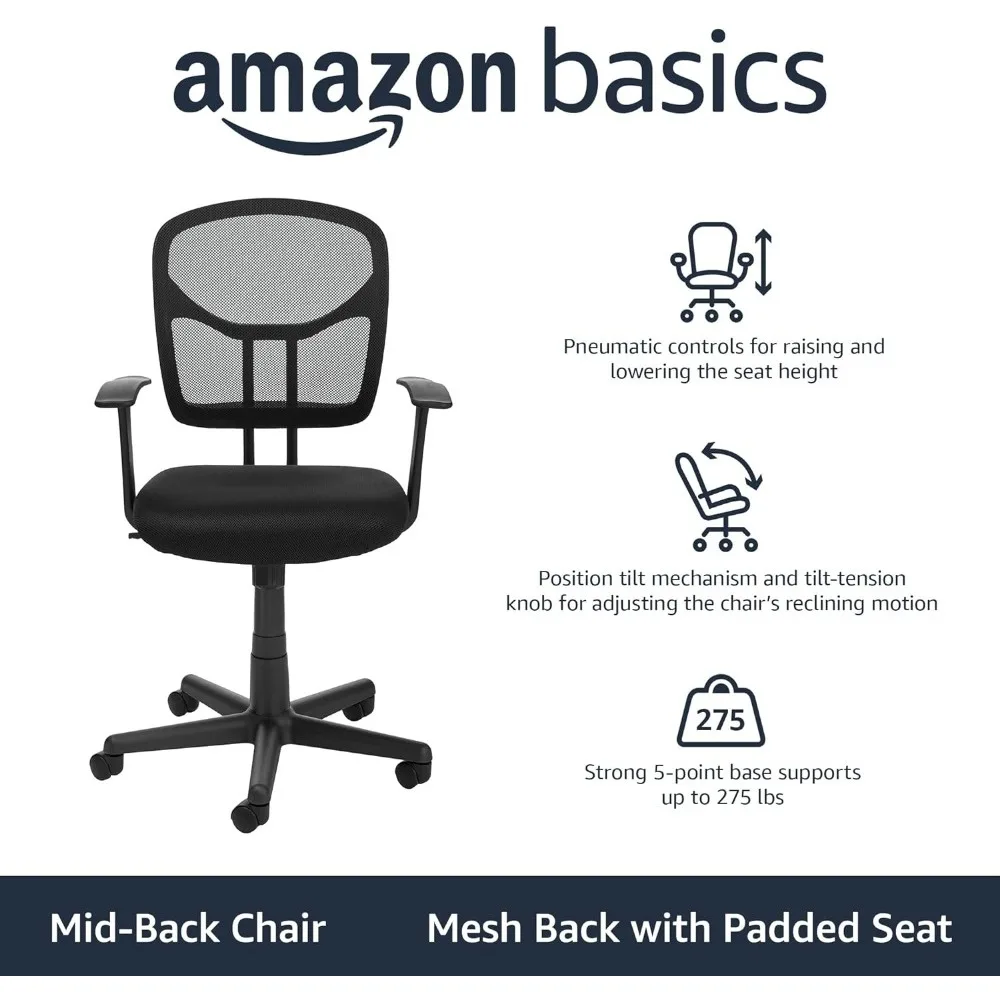 Mesh Mid-Back Office Desk Chair com braços e apoio lombar, altura ajustável, giratória de 360 graus, preto, básico