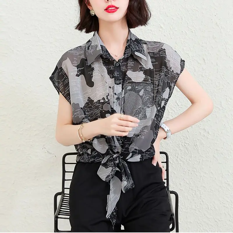 Female Clothing Fashion Pockets Diamonds Blouse Streetwear Summer Turn-down Collar Commute Casual Single-breasted Bandage Shirt