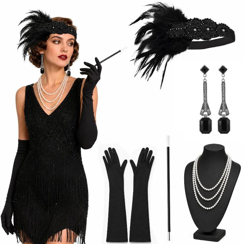 1920s Flapper Hairband Vintage Feather Headpiece Black Gloves Necklace Set Party Accessories Cosplay Stage Performance Dress Up