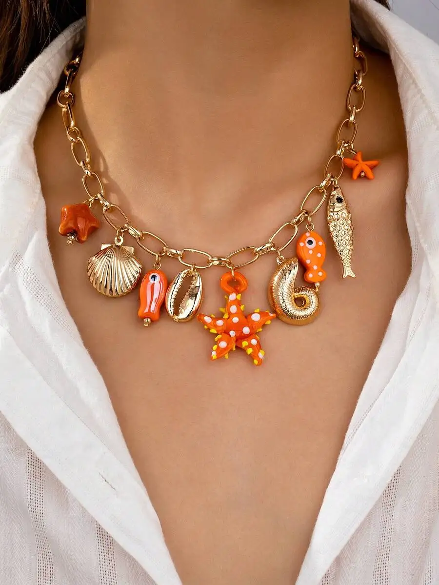 

Colorful Enamel Charm Necklace Bohemian Beach Style Statement Jewelry For Women Summer Vacation Accessory