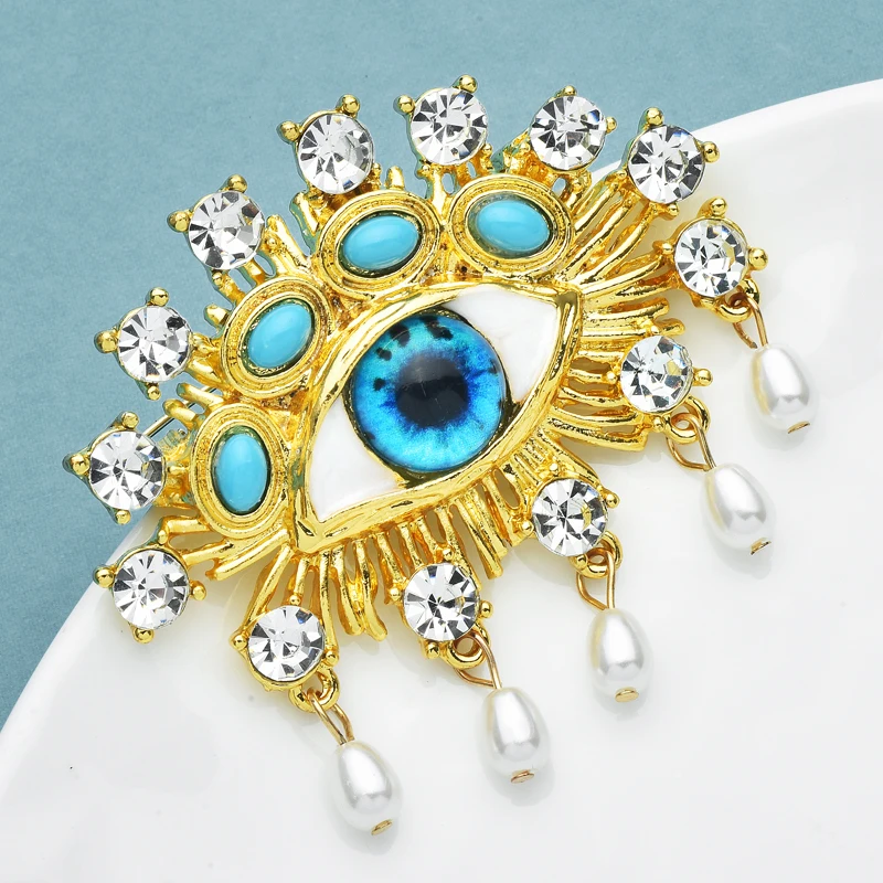 Wuli&baby Charming Blue Eye Brooches For Women Unisex Rhinestone Pearl Eyes Party Office Brooches Pins Gifts