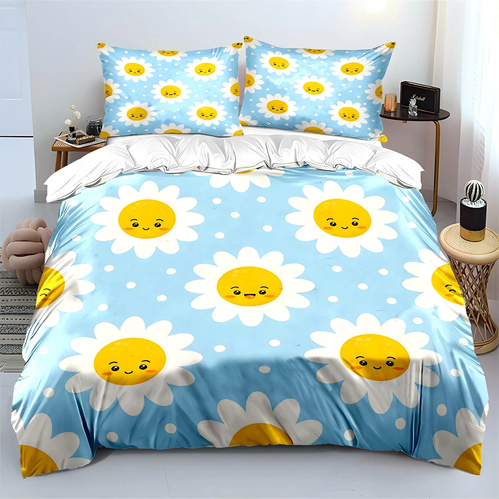 Cartoon smiling flower pattern Bedding Set for Kids Luxury Gift 3pcs Digital Print Comforter Set Soft Comfortable Breathable