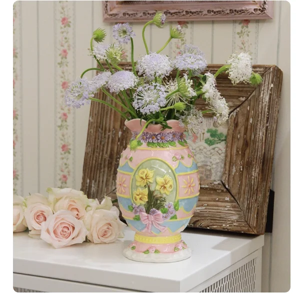 Retro Cute Macaron Flower Relief Orchid Rose Ceramic Vase Flower Container Gift