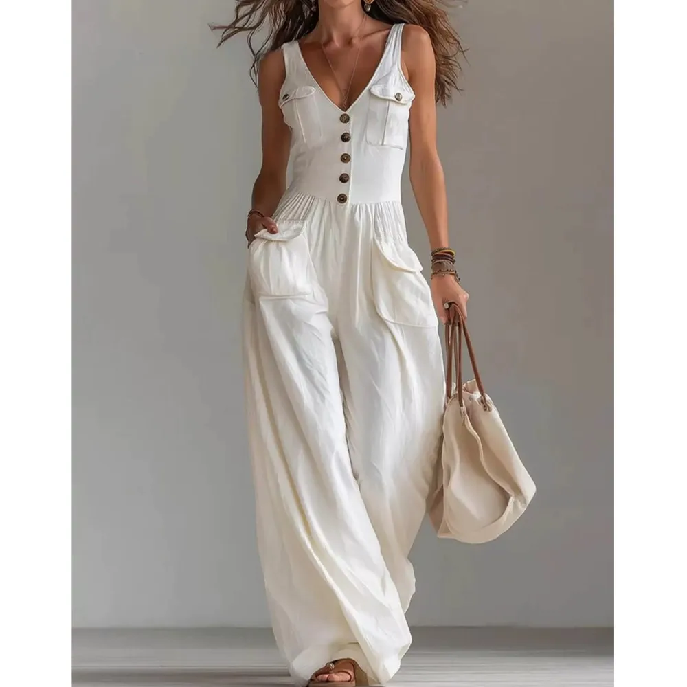 Sleeveless Suspender Jumpsuit New Summer Pocket Sexy V-neck Single-row Button Vest Casual Jumpsuit For Women Roupas Feminina