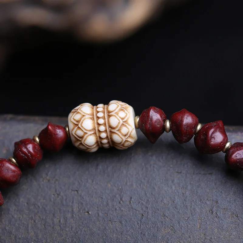 Tibetan-Style Passion Seed Bodhi Bracelet, Single-Loop, Made From Recycled Old Materials, With Red Pixiu And Deer Antler Root Be