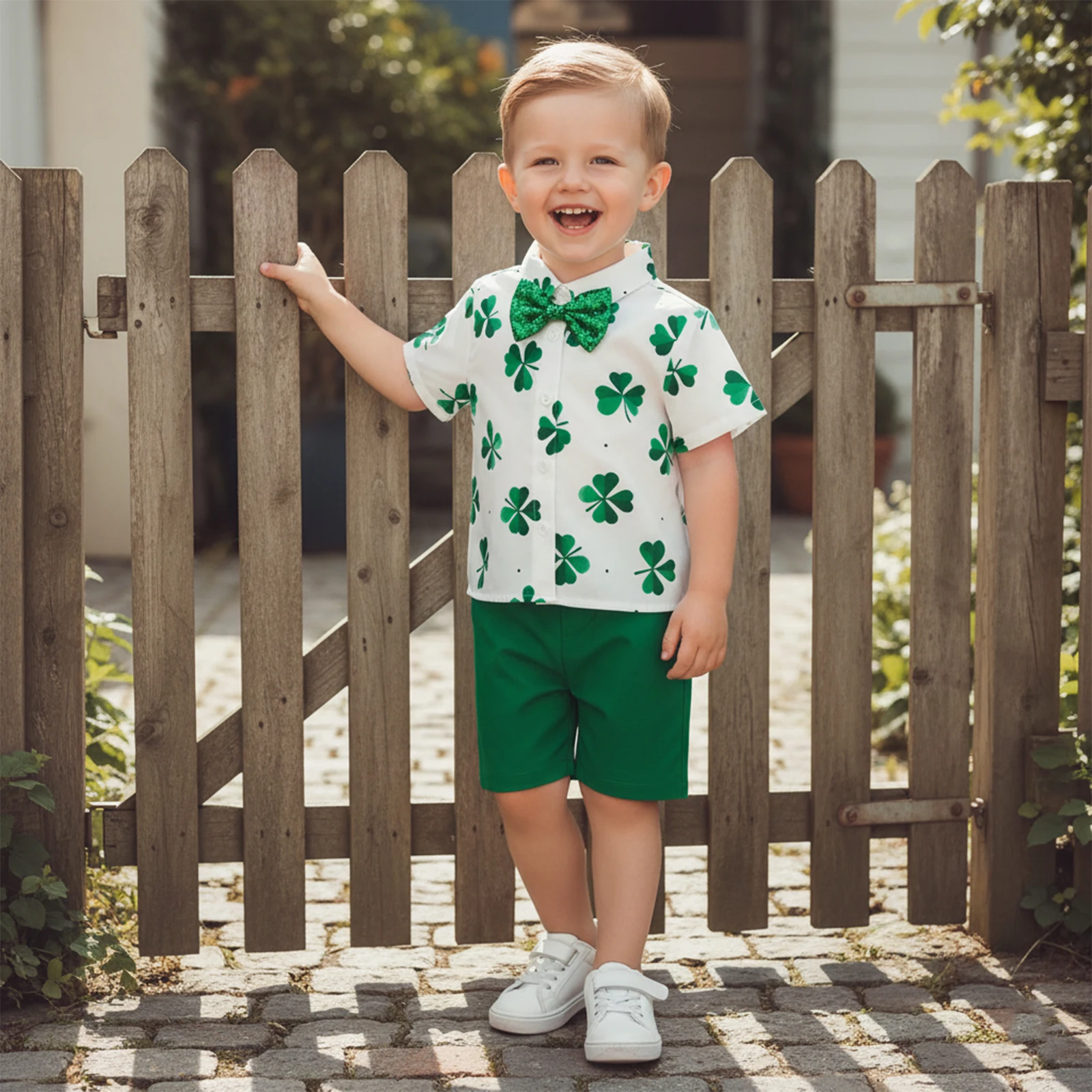 Kids Boys Shorts Set Short Sleeve Shamrock Print Bow Tie Shirt with Shorts Holiday Summer Boys Formal Outfit Set