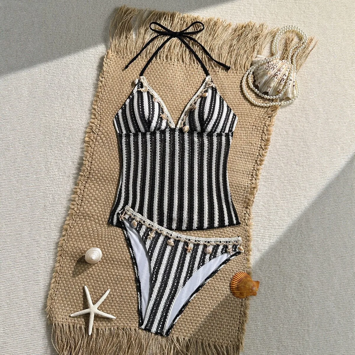 striped bikinis sets summer beach wear swimwear women two piece swimsuit female Shell decoration vacation biquini