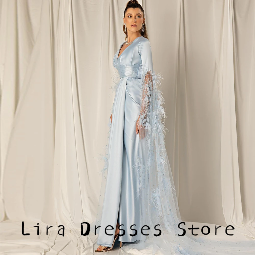 حورية البحر الريش الناعم رداء حفلات الطراز الحديث الخامس الرقبة نصف الأكمام فساتين السهرة مخصصة عالية الجودة فستان حفلة كريستال