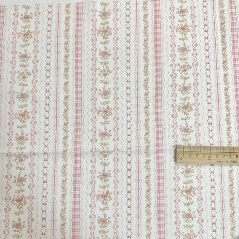 0.5/1/2 Yard 100% Cotton Fabric Gentle Style Pink Striped Floral Print for DIY Clothing,Homewear,Bedding, Tablecloths, Curtains