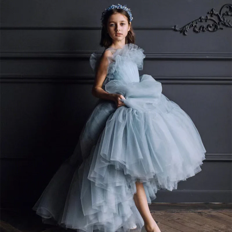 Children's Dresses 2025 New Flower Girl Long Blue Gauze Gown Evening Dress Ball Catwalk Piano Performance Princess Customized