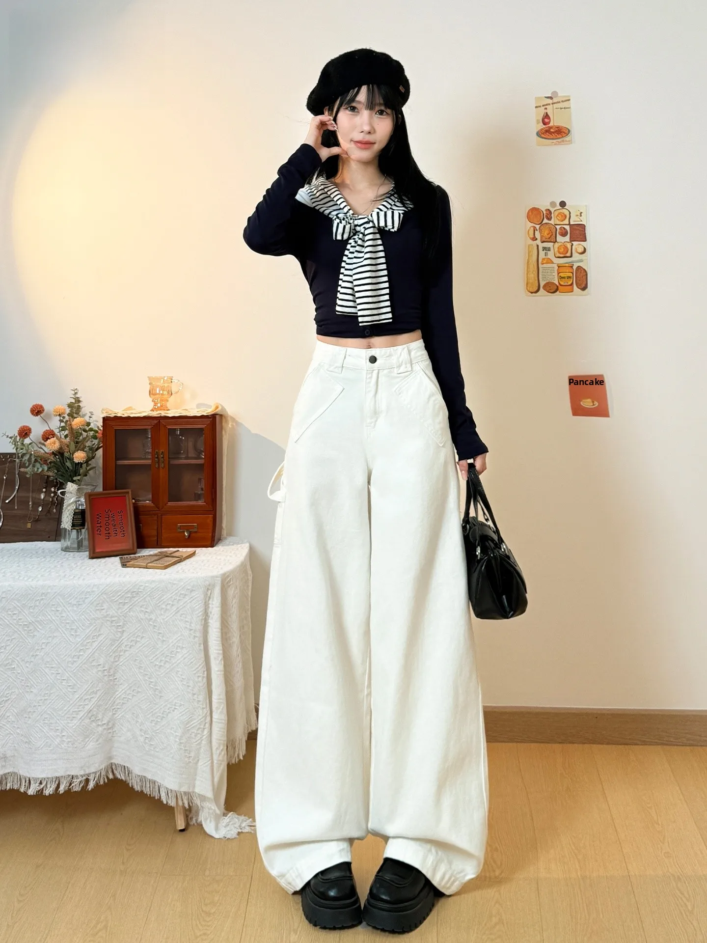 

Белые американские джинсы с высокой талией и широкими штанинами для женщин, свободного кроя, с эффектом похудения, весенне-летние, повседневные, из хлопкового денима, прямого кроя