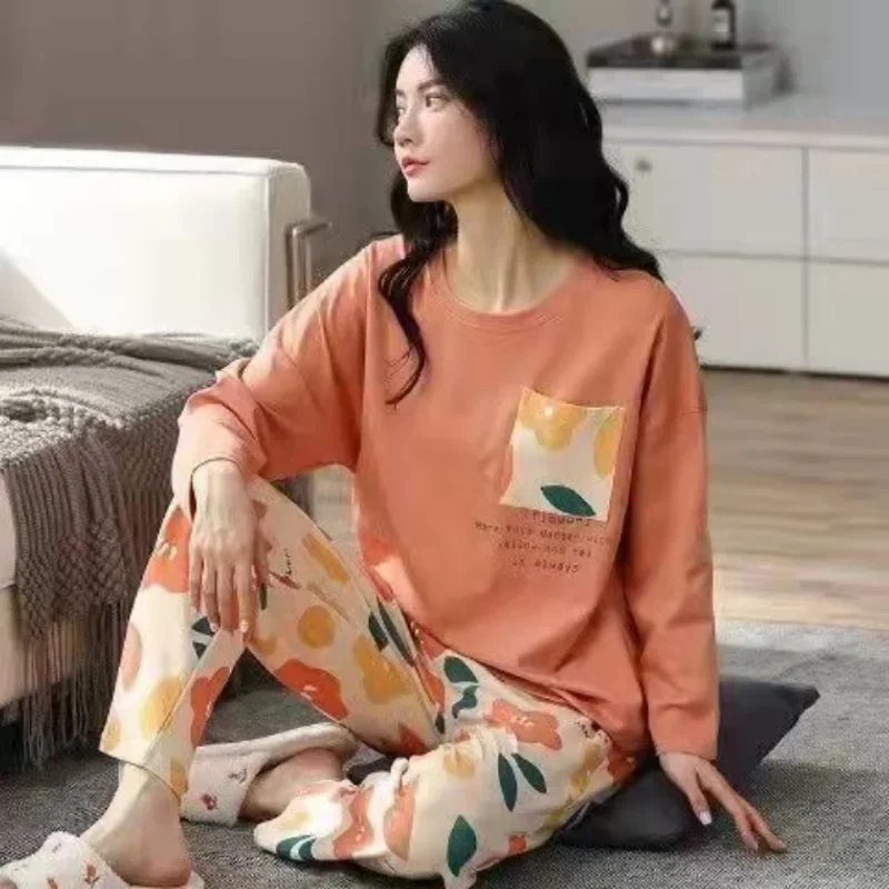 Pijamas de manga larga para mujer, ropa de casa de otoño e invierno, traje suelto simple de talla grande, prendas de vestir exteriores, primavera y