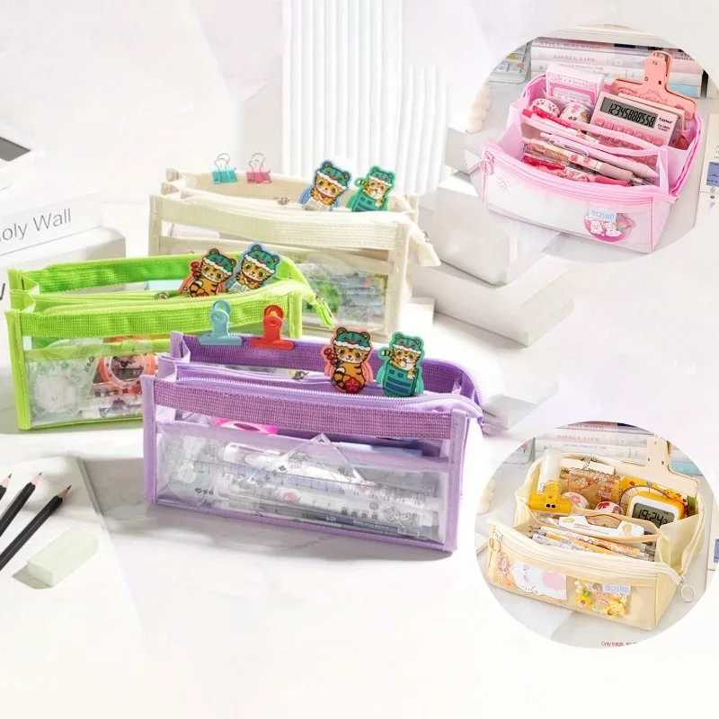 1pc Large Capacity Transparent Pencil Case, Waterproof Mesh & PVC School Supply Organizer for Students