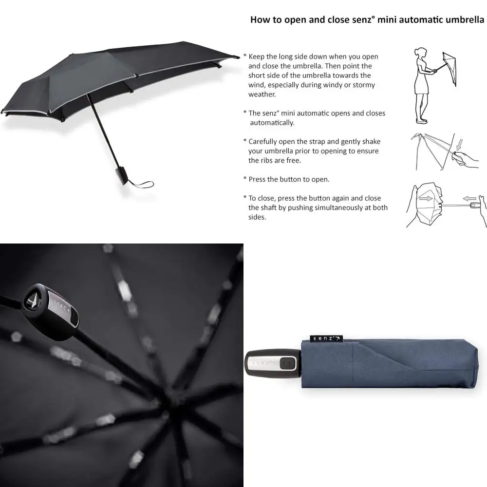 

Automatic Windproof Mini Umbrella 91cm Square, Black with Reflective Detail for Enhanced Visibility