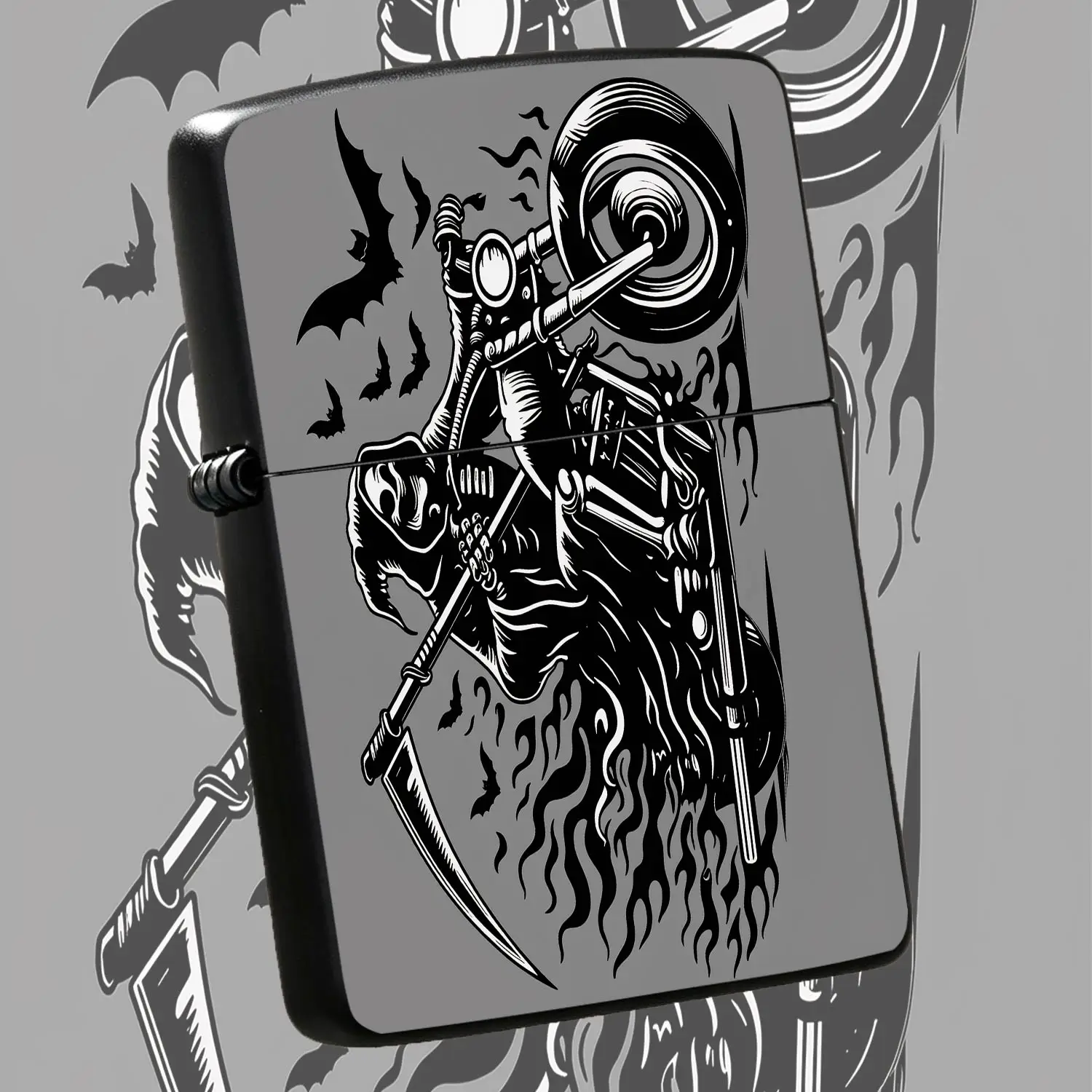 Vintage Grim Reaper Biker Themed Lighter, Bold Black White Linocut Print Design, Portable Stylish Accessory For Daily Carry Outdoor Camping Travel Gathering, Unique Spooky Creative Gift For Gothic Biker Style Enthusiast A Humorous And Inter
