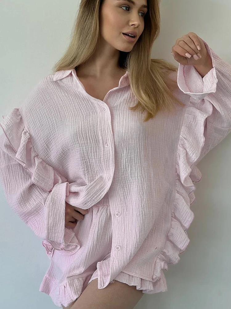 HiLoc Pink Ruffled Women Shorts Pajamas Sets Two Pieces Oversize Shirts And Wide Legs Shorts Autumn Winter 2024 Homewear Outfits