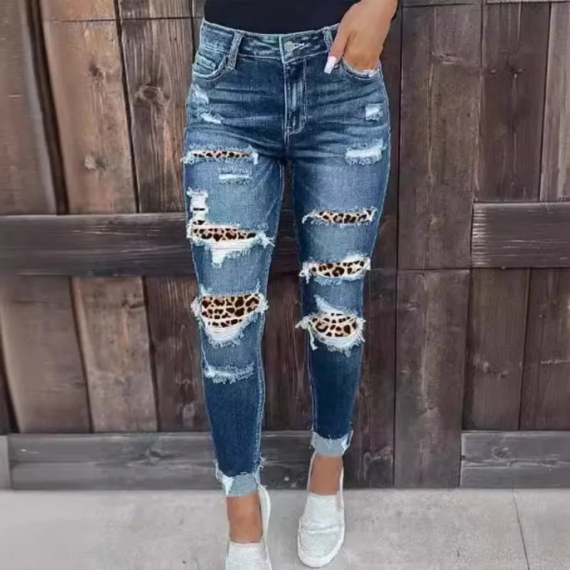 Damen jeans große elastische zerrissene gewaschene schlanke Hose kleine Füße Skinny Fashion Casual Jeans Damen S-XL