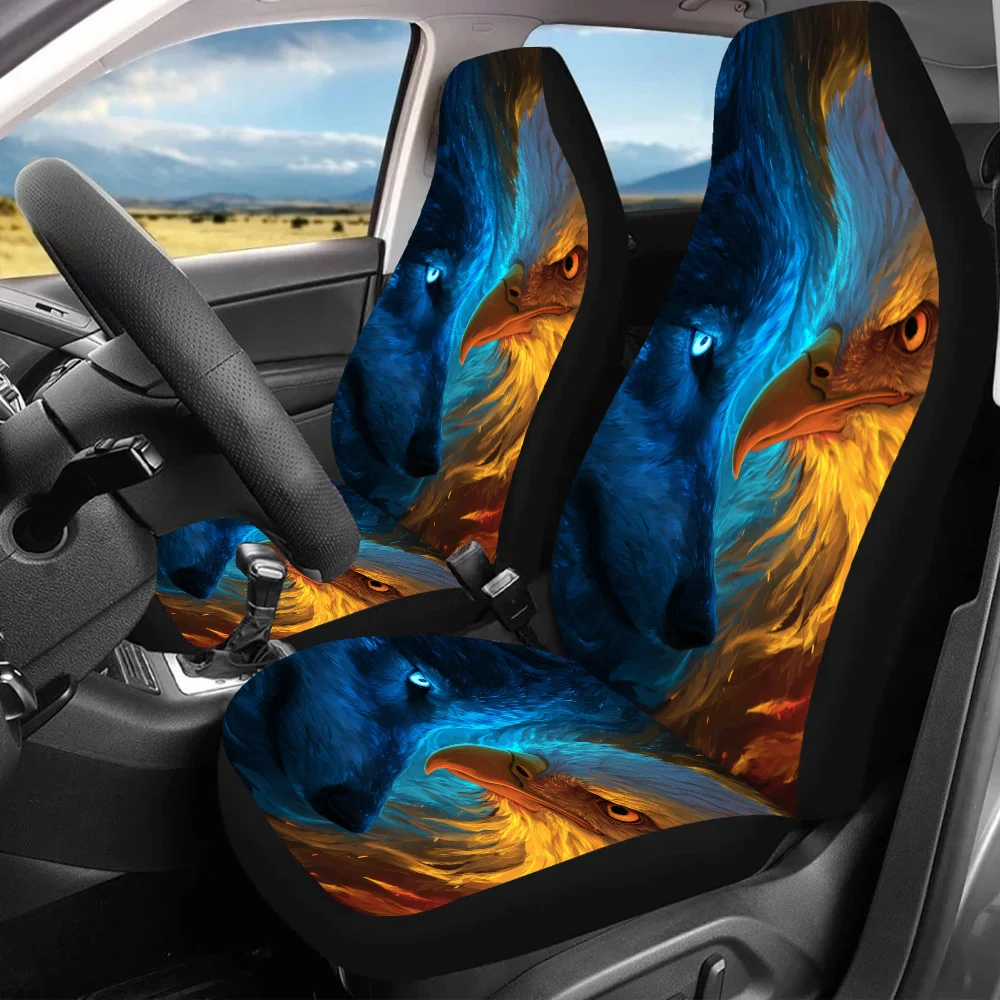 2pcs Wolf Eagle Fusion Car Seat Covers - Vibrant Blue & Orange Eagle Design, Fit For Cars, SUVs, Sedans - Durable Canvas Materia