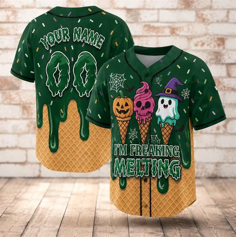 3D Print Ice Cream Pumpkin Ghost Skull Pattern shirts Men Button‑Down Custom Name Number Halloween Baseball Jersey