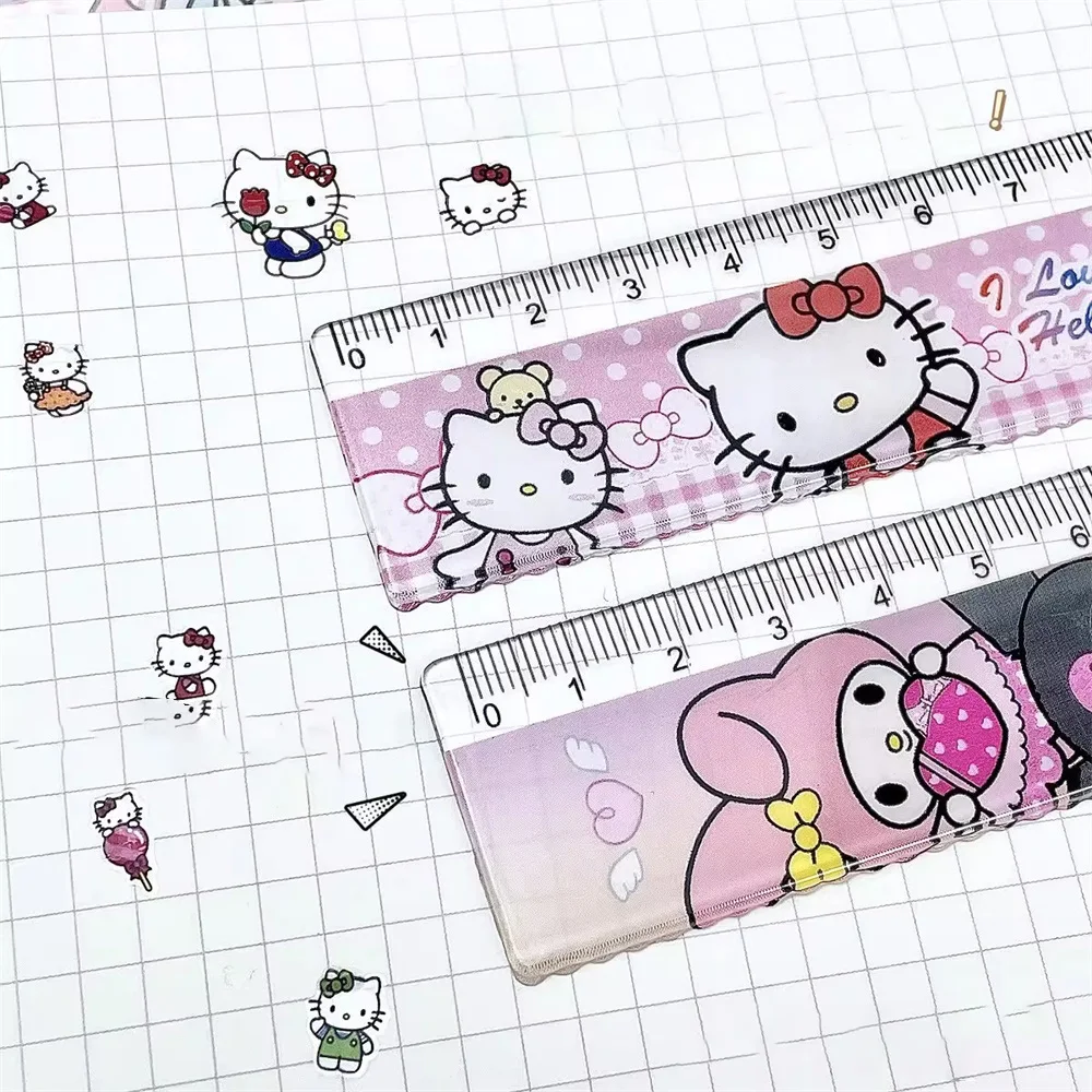 4pcs/Set PVC Cartoon Cute Kuromi Melody Triangle Ruler Straightening Set Students Office Stationery Kid Measurement Drawing Gift