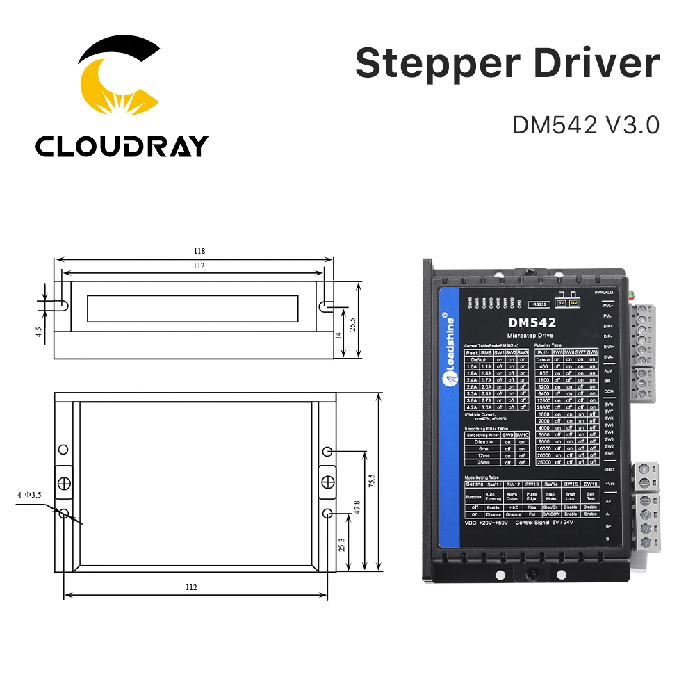 Cloudray Leadshine 2-fase stappenmotor driver DM542 V3.0 20-50VAC 1,0-4,2A